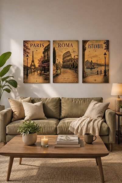 ARTI HOME Paris Roma İstanbul Temalı 3’lü Ahşap Dekoratif Tablo Seti – Vintag...