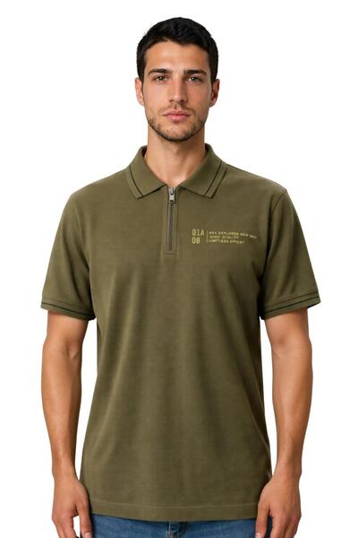 Arma Ar-Ma Men's Polo Collar T-Shirt Without Print Basic Collar Zippered Knit...