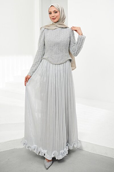 İmajButik Gray Sequined Top and Ruffled Skirt Evening Dress