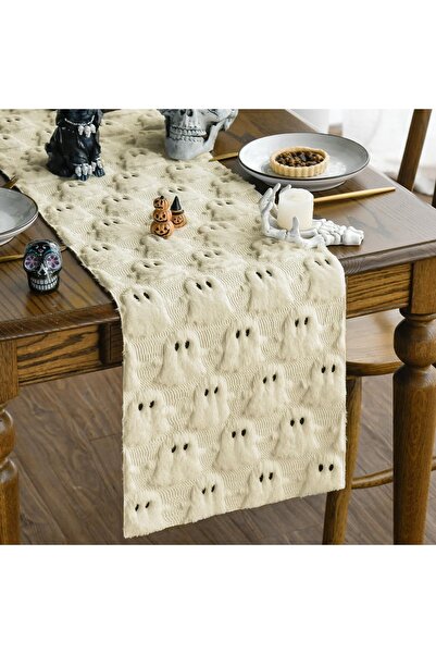 OEM Runner de masă din catifea decorativ de Halloween cu fantome bej 33 x 230 cm