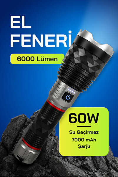 Badem10 GS-15900 Profesyonel Şarjlı 6000 Lümen Güçlü El Feneri 60W Kamp Bağ B...