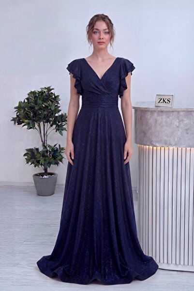 zks grup tekstil Women's Evening Dress with Ruffles on the Shoulders, V-Neck,...