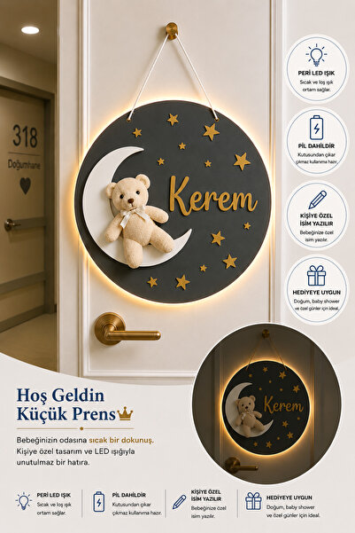 baskigo.com Kişiye Özel LED Işıklı Ayıcıklı Ay Kapı Süsü İsimli Bebek Hastane...