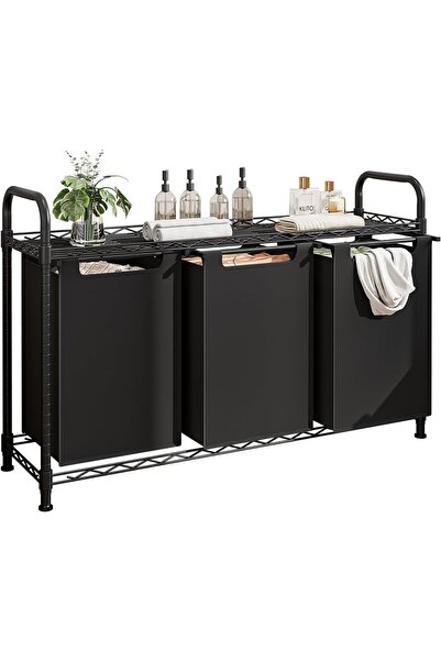 OEM Coș mobil pentru rufe, cu segregare pe 3 compartimente, 150L, negru, 93x3...