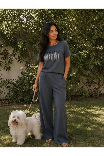 1way Comfortable and Stylish Home Pajamas, Striped T-Shirt and Wide-Leg Pants...