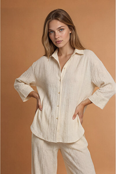 Pulchrani Cream Crepe Linen Shirt Pants Set