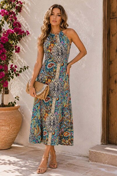 Mossta Halter Yaka Şal Desen Detaylı Midi Süprem Elbise - Yeşil