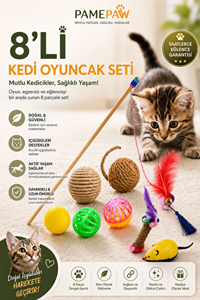 PAMEPAW 8'li Set : Çek Bırak Fare , Jüt İp Sarma Top , Olta , Renkli Top , 2 ...