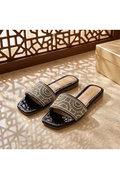 Dhiaa Walk Black Crystal-Embellished Flat Slides - Elegant Slip-On Sandals fo...