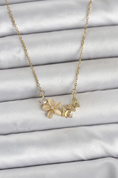 STİLLOVE 316L Steel Chain Gold Color Flower and Butterfly Model Women's Necklace