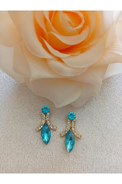 Pervin Ablacım Elegant Gold Earrings with Turquoise Colored Stones