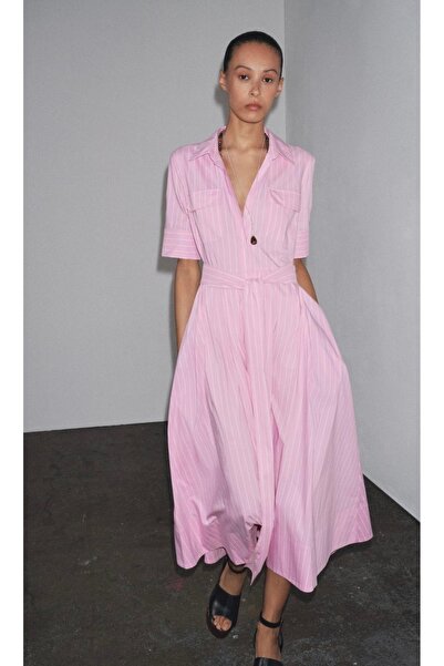St boutique Pembe Çizgili Kuşaklı Gömlek Elbise