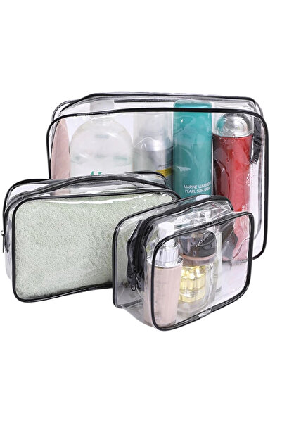 OEM Top Bottom Set of 3 transparent cosmetic cases with black PVC zipper 12*1...