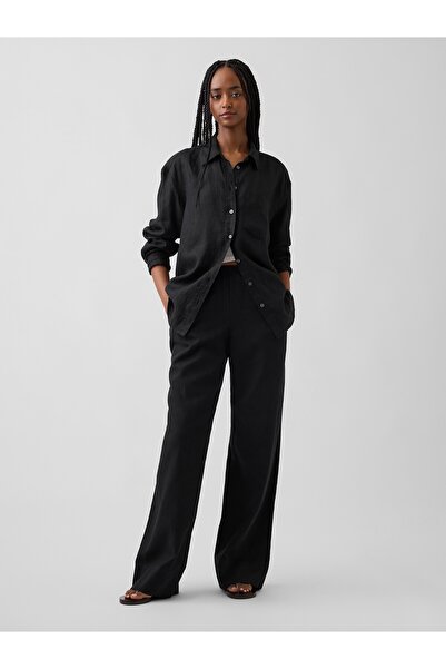 GAP Kadın Siyah Keten Karışımlı Easy Wide-Leg Pantolon