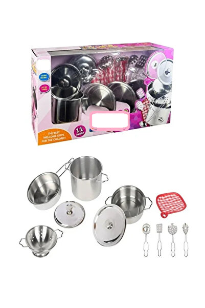 ByCaretta 11 Pieces Metal Stainless Steel Toy Cookware Pan Kitchen Plate Spoo...