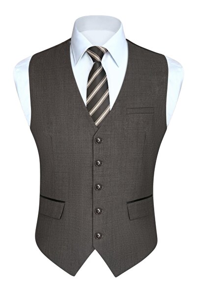 HISDERN Vestă de costum bărbătească cu buzunare, formală, tip smoking – Maro XS