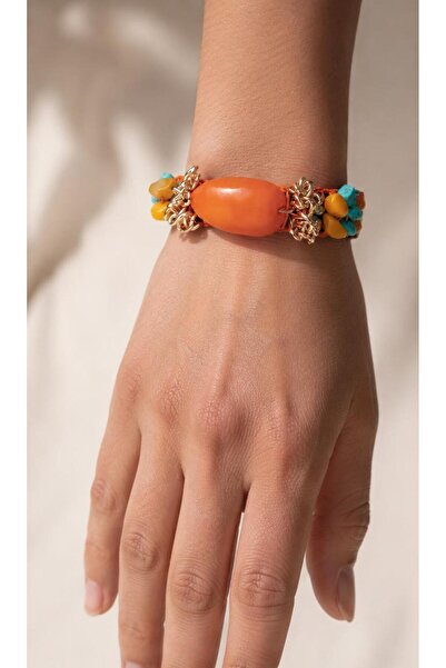 ORENDAJEWELRY Turkuaz ve Doğal Taş Detaylı Ayarlanabilir Turuncu Bileklik