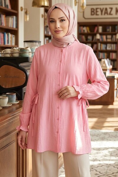 TOFİSA Yanları Bağcık Detaylı Çilek Tunik - 1302-PEMBE