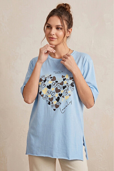 TOFİSA Slit Printed Short Sleeve Tunic Baby Blue - 1321-Bebe-Mavi
