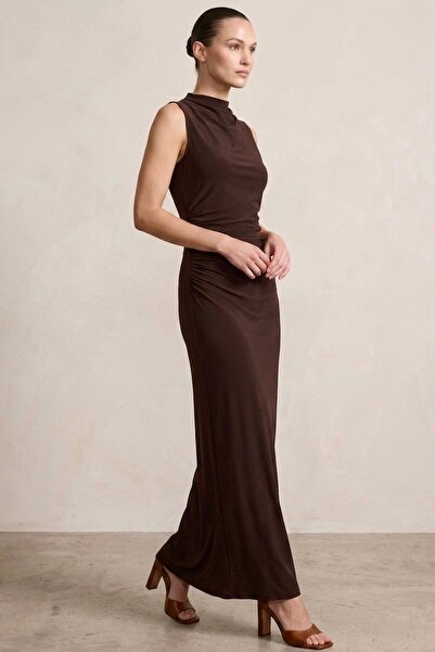 TOFİSA Sandy Sıfır Kol Elbise - 28423-KAHVE