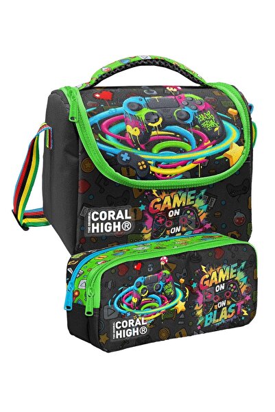 Coral High مجموعة حقيبة تغذية وقلم للأولاد مطبوعة بتصميم لعبة (37158+31058)
