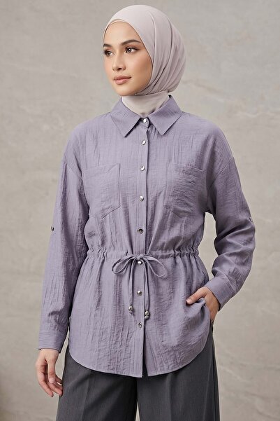 TOFİSA Double Pocketed Tunic with Tie Detail at the Waist Smoked - 1330-Fume