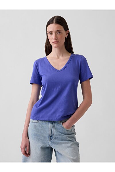 GAP Kadın Mavi Organik Pamuk VintageSoft V-Yaka T-Shirt