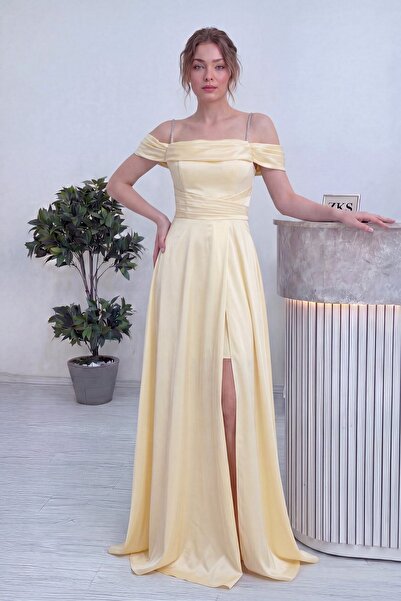 zks grup tekstil Women's Off-Shoulder Stone Strap Slit Satin Evening Dress Br...