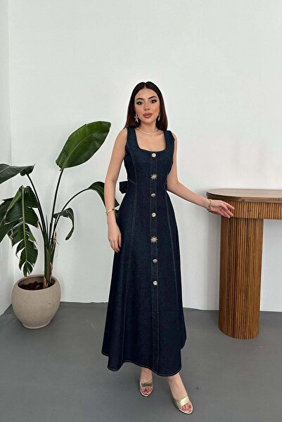 Caddebostan Moda Back Tie Square Neck Buttoned Denim Dress Midi Length Summer...