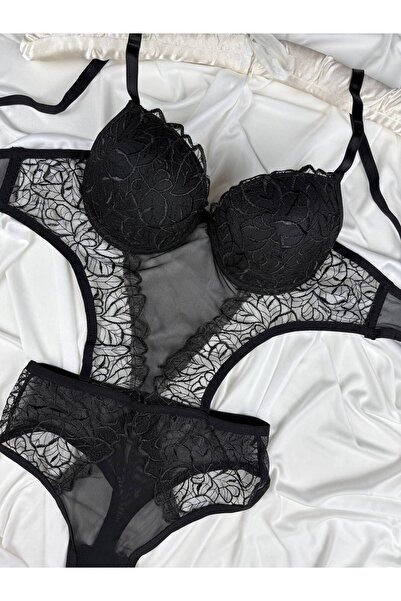 ROZENİN LINGERIE Supportive Lace Tulle Detailed Snap-On Bodysuit
