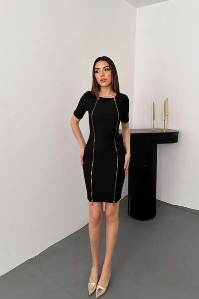 Caddebostan Moda Zipper Detailed Short Sleeve Stretchy Ottoman Fabric Mini Dress