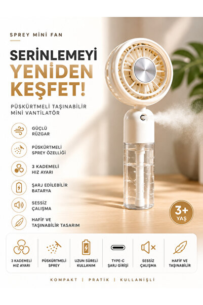 GudeX Type-C Şarjlı Püskürtmeli Mini Vantilatör 3 Kademeli Taşınabilir Sprey Fan