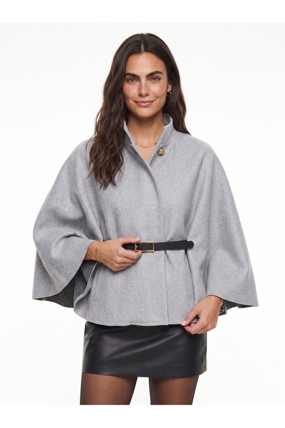 ONLOOX Gray Wool Blend High Collar Gold Button Detailed Belted Woven Poncho