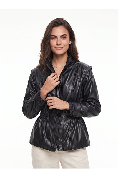 ONLOOX Black Faux Leather Double-Breasted Collar Jacket with Elastic Waist De...
