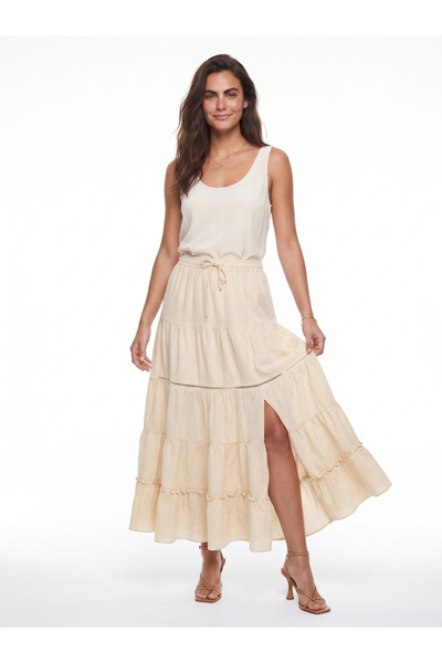 ONLOOX Beige Cotton Skirt with Elastic Waist, Flounce Lining, Ribbon Lace Det...