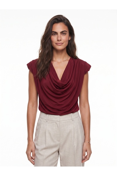 ONLOOX Burgundy Viscose Textured Drapey Collar Draped Form Padded Shoulder De...