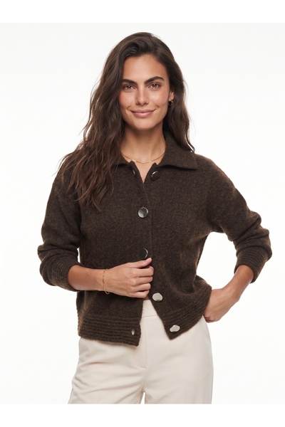 ONLOOX Bitter Brown Soft Textured Polo Collar Wool Blend Buttoned Knitwear Ca...