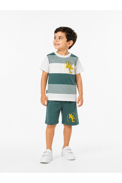 Minik mooda Boys' Nyc Printed Striped Shorts Set - Blue / Cream