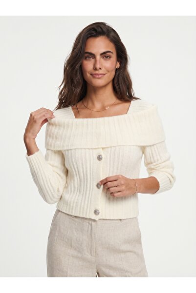 ONLOOX Cream Wool Blend Stretchy Textured Boat Neck Button Detailed Ribbed Kn...