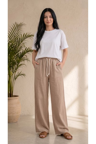 ODİN ATLAS Women's Beige Color High Waist Wide Leg Muslin Palazzo Trousers