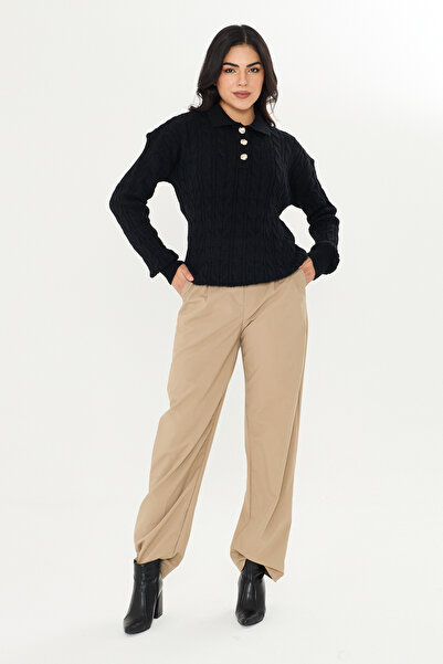SEVİM TRİKO Women's Black Polo Collar Hair Knit Gold Buttoned Knitwear Sweater