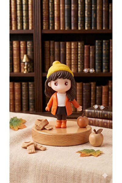 Şirin Sarı Bereli ve Montlu Sevimli Kız Figürü - 7 cm Dekoratif Masaüstü Biblo