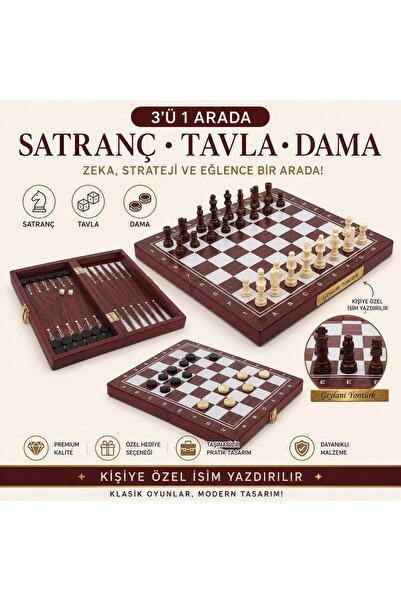 e-life shop Kişiye Özel İsimli Ahşap 3'ü 1 Arada Satranç Dama Tavla Seti 34 c...