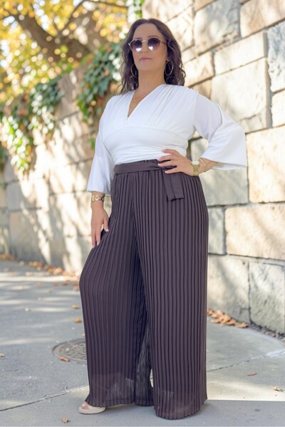 yagmurberen Elastic Waist Bib Detail Lined Pleated Wide-Legged Plus Size Chif...