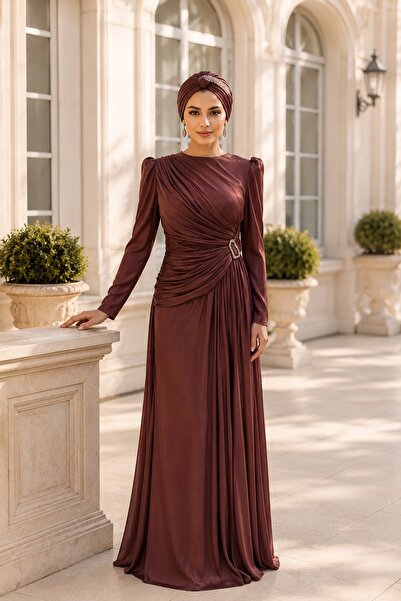 Rain and River Draped hijab evening dress with stone buckle