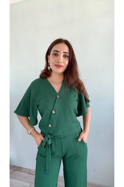 EGELİMODA Green Tied Buttoned Summer Suit with Flared Sleeves, Two-Piece Set