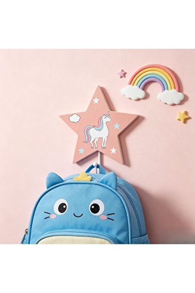 idei Cârlig Decorativ din Lemn, Formă Stea Roz cu Unicorn, 18x12 cm, Pentru D...