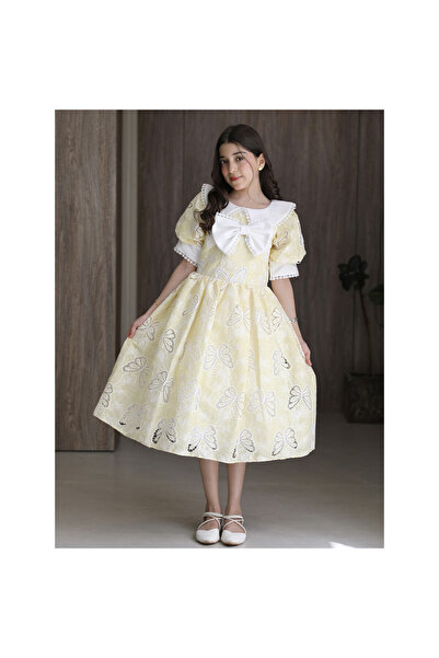 HAWRAA ABAYA Girls' Yellow Butterfly Embroidered Dress with Royal White Bow C...