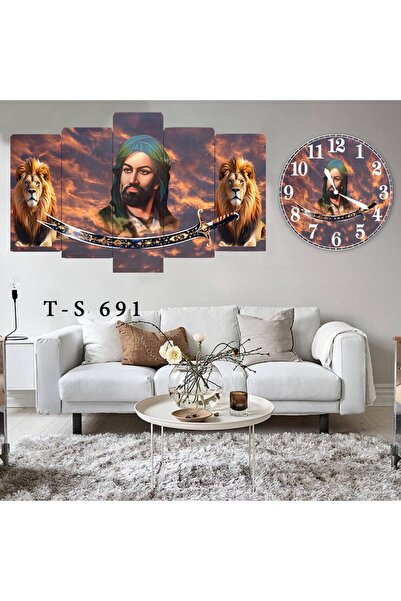 BellaaaModa Hz ALİ temalı Dekoratif Desenli Mdf Tablo 5 Parça Set ve Saatli T...