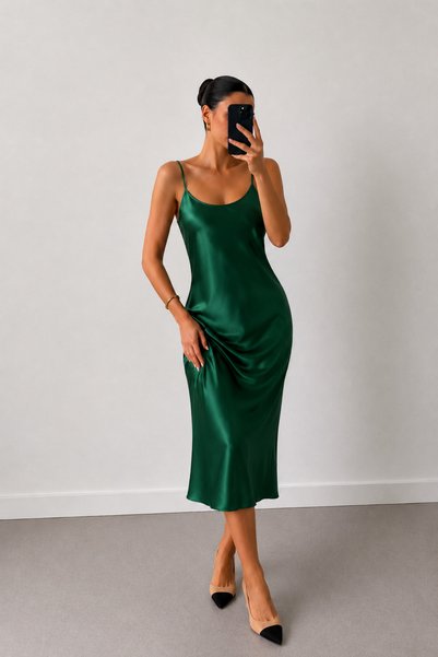 Asfaha Fashion Women's Green Thin Strap Satin Midi Dress